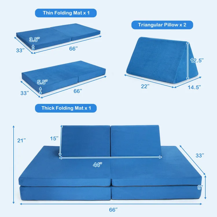 4 Piece Convertible Kids Couch & Folding Mats - Blue