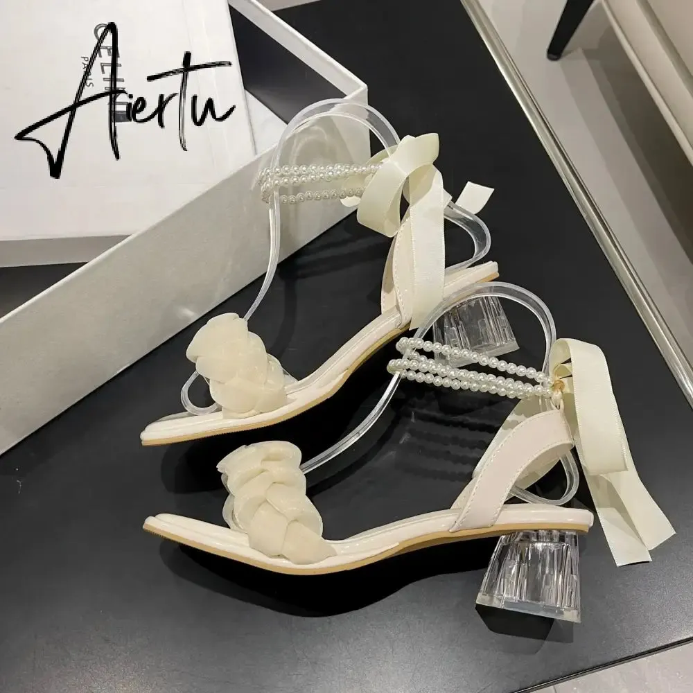 Aiertu Black Platform Sandals Female Shoe Summer Lace Denim Women's High Heels Med Espadrilles Girls Laces Fashion Gladiator Beige