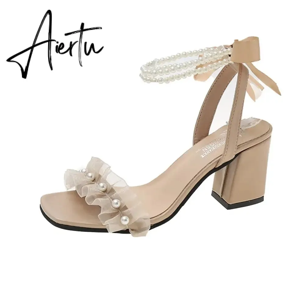 Aiertu Black Platform Sandals Female Shoe Summer Lace Denim Women's High Heels Med Espadrilles Girls Laces Fashion Gladiator Beige