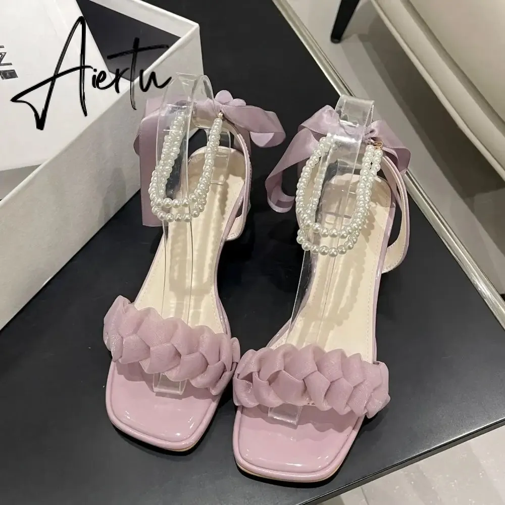 Aiertu Black Platform Sandals Female Shoe Summer Lace Denim Women's High Heels Med Espadrilles Girls Laces Fashion Gladiator Beige