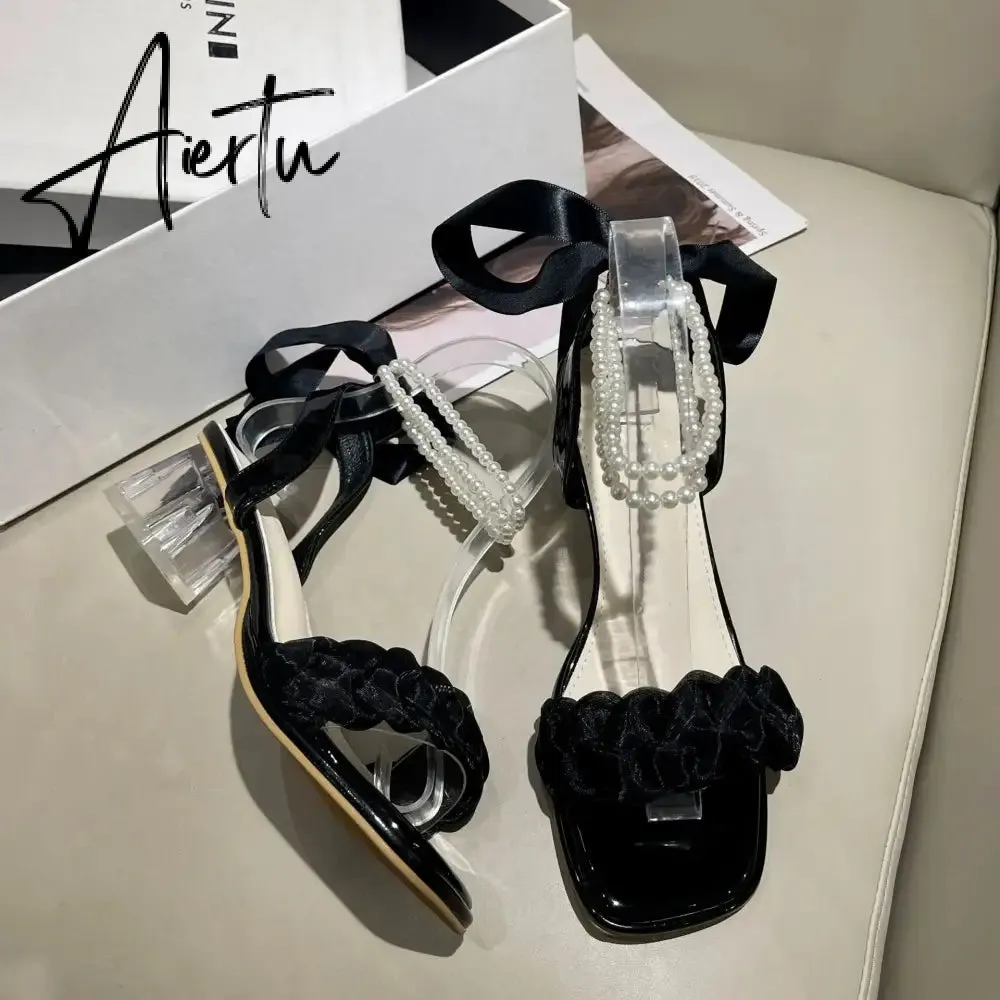 Aiertu Black Platform Sandals Female Shoe Summer Lace Denim Women's High Heels Med Espadrilles Girls Laces Fashion Gladiator Beige