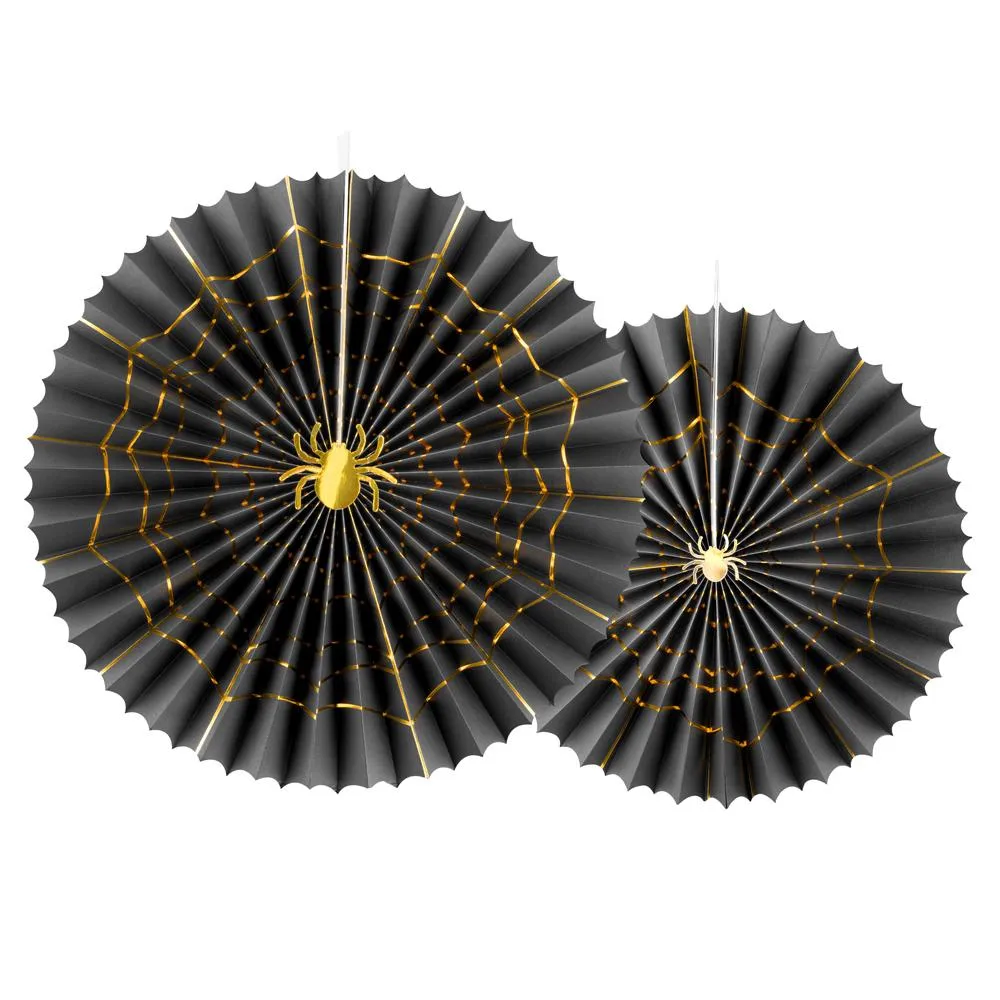 Black & Gold Spider Decorative Party Fans (x2)