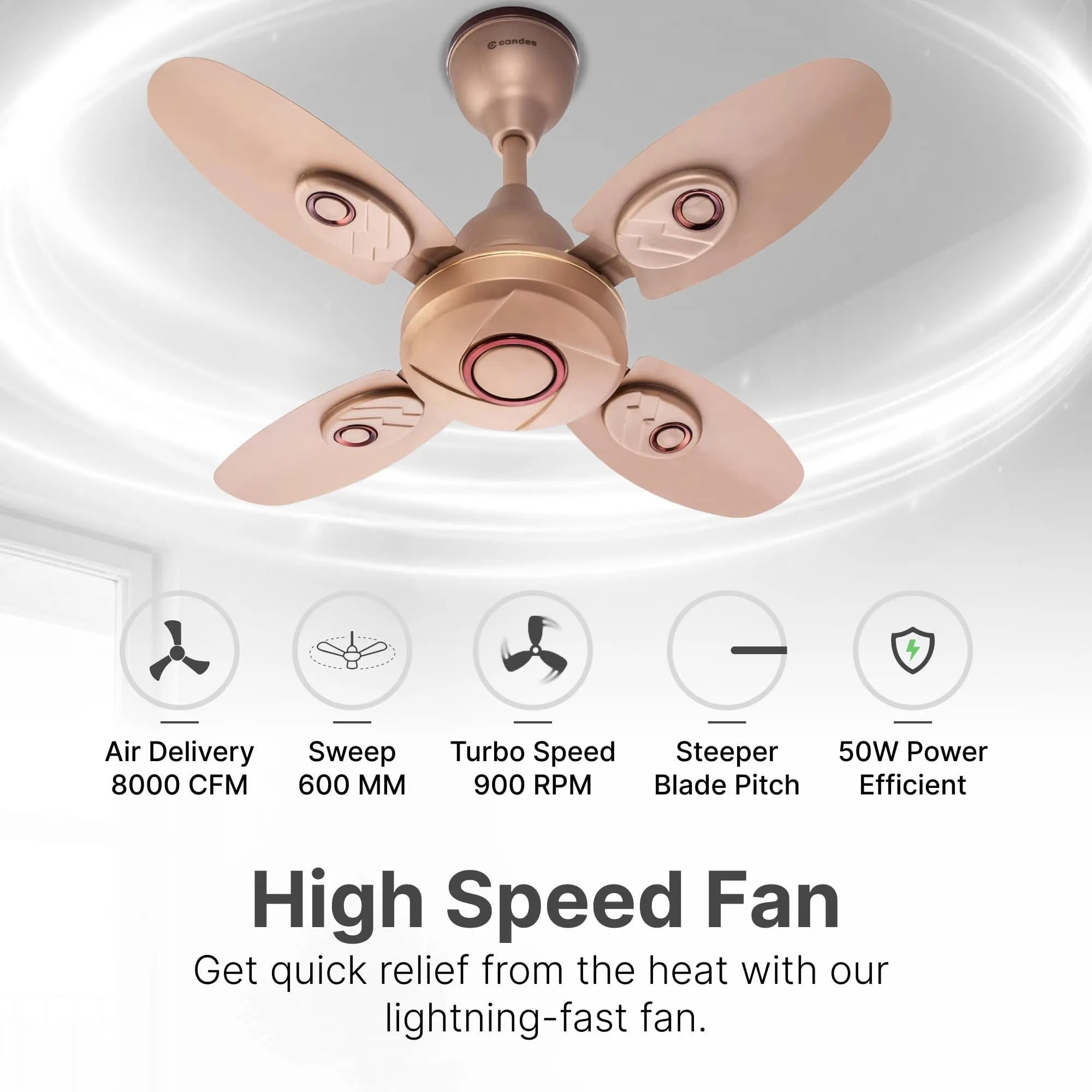 Candes Nexo 600 mm /24 inch High Speed Ceiling Fan | BEE Star Rated, High Air Delivery & Energy Saving | Small Fan for Kitchen, Balcony & Small Room | 1 1 Year Warranty | Golden