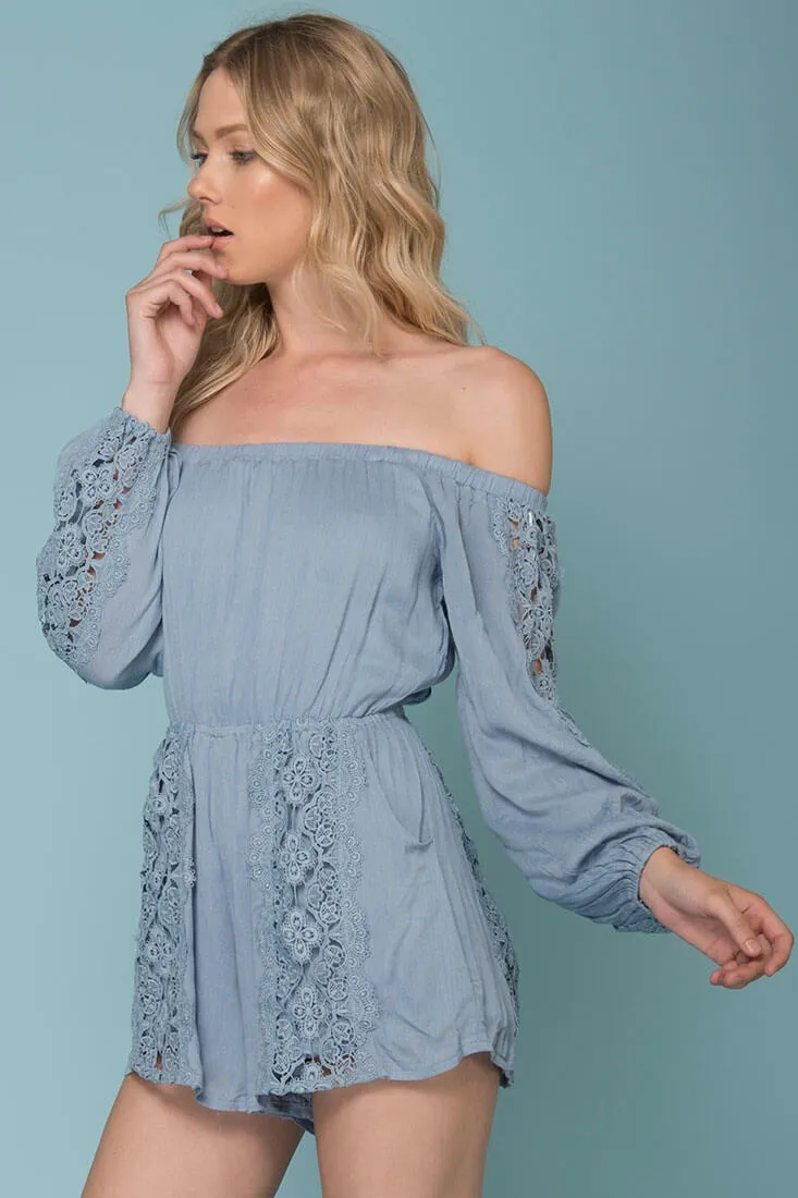 Eliana Off The Shoulder Lace Sleeve Romper Blue