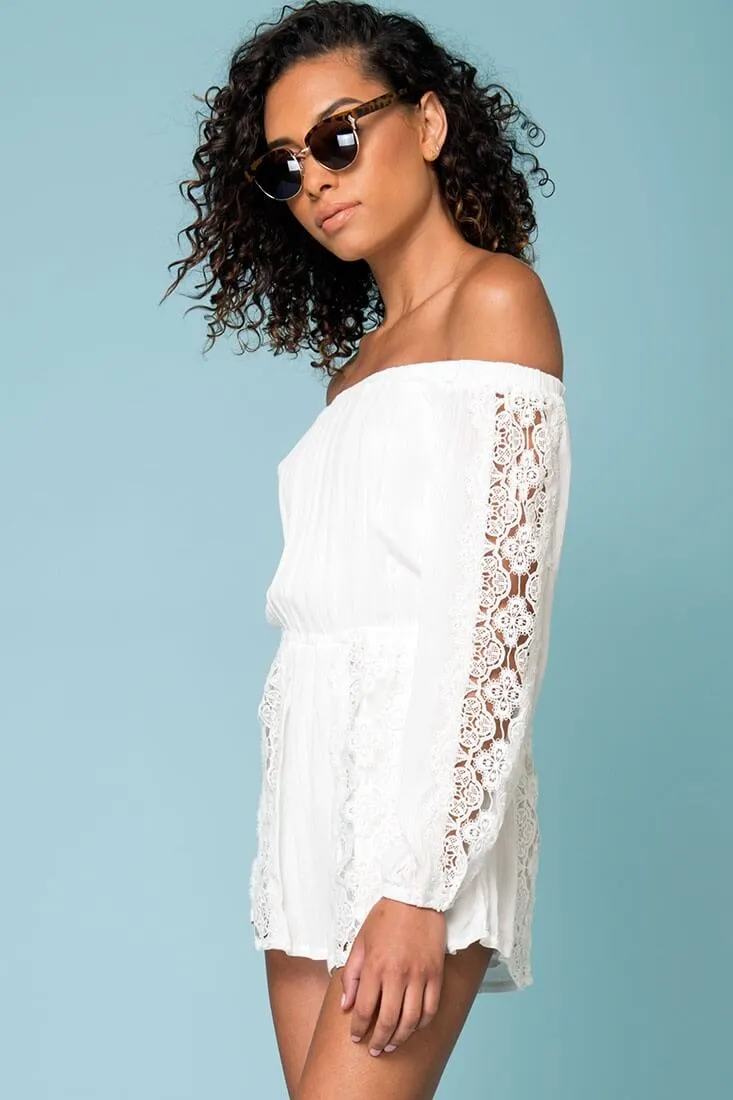 Eliana Off The Shoulder Lace Sleeve Romper White