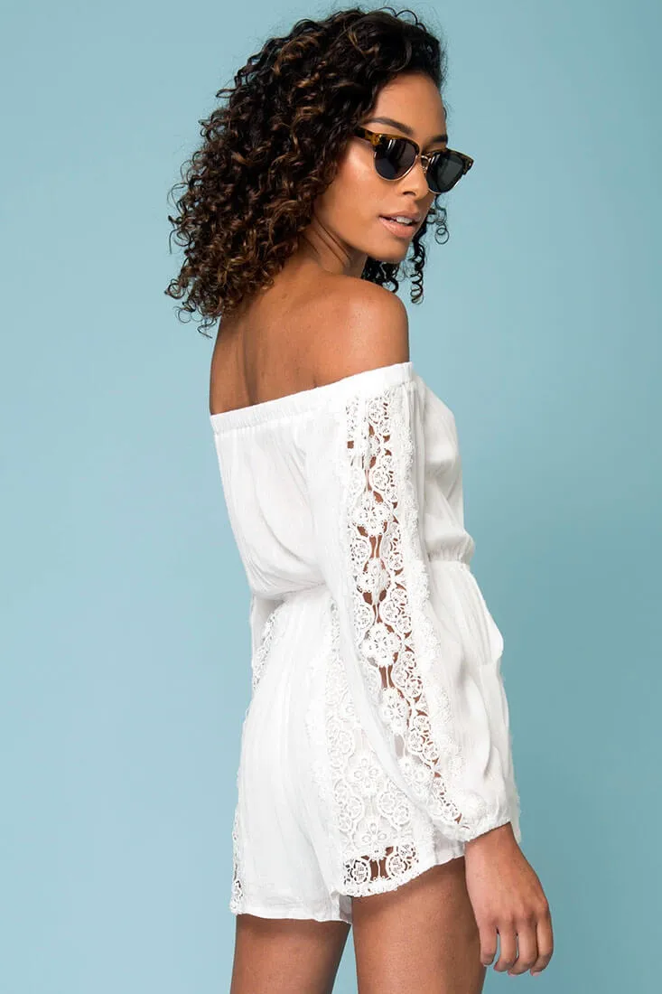 Eliana Off The Shoulder Lace Sleeve Romper White