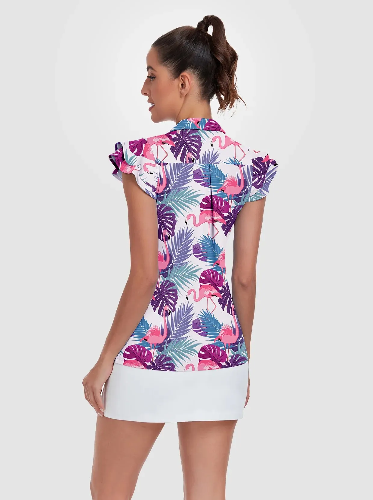 Flamingo Ruffled Sleeveless Polo Shirt For Women