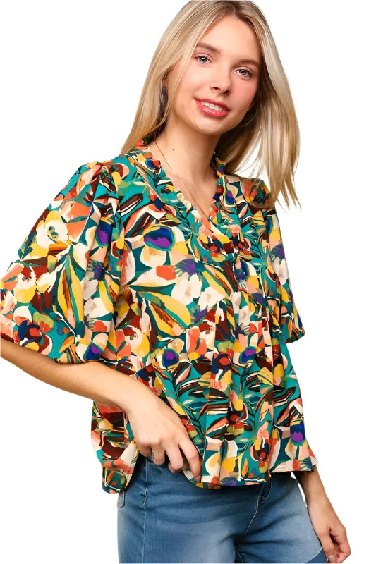 Haptics Full Size Frill Floral Puff Sleeve Peplum Blouse