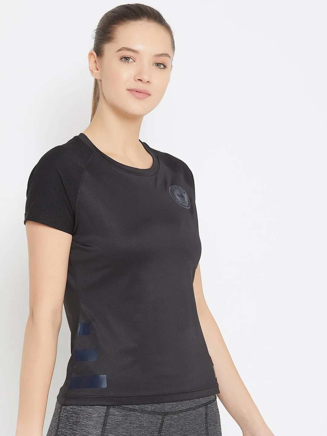 JUMP USA Women Black Active Wear Round Neck T-shirt