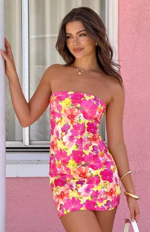 Lee Yellow Floral Pop Strapless Mini Dress