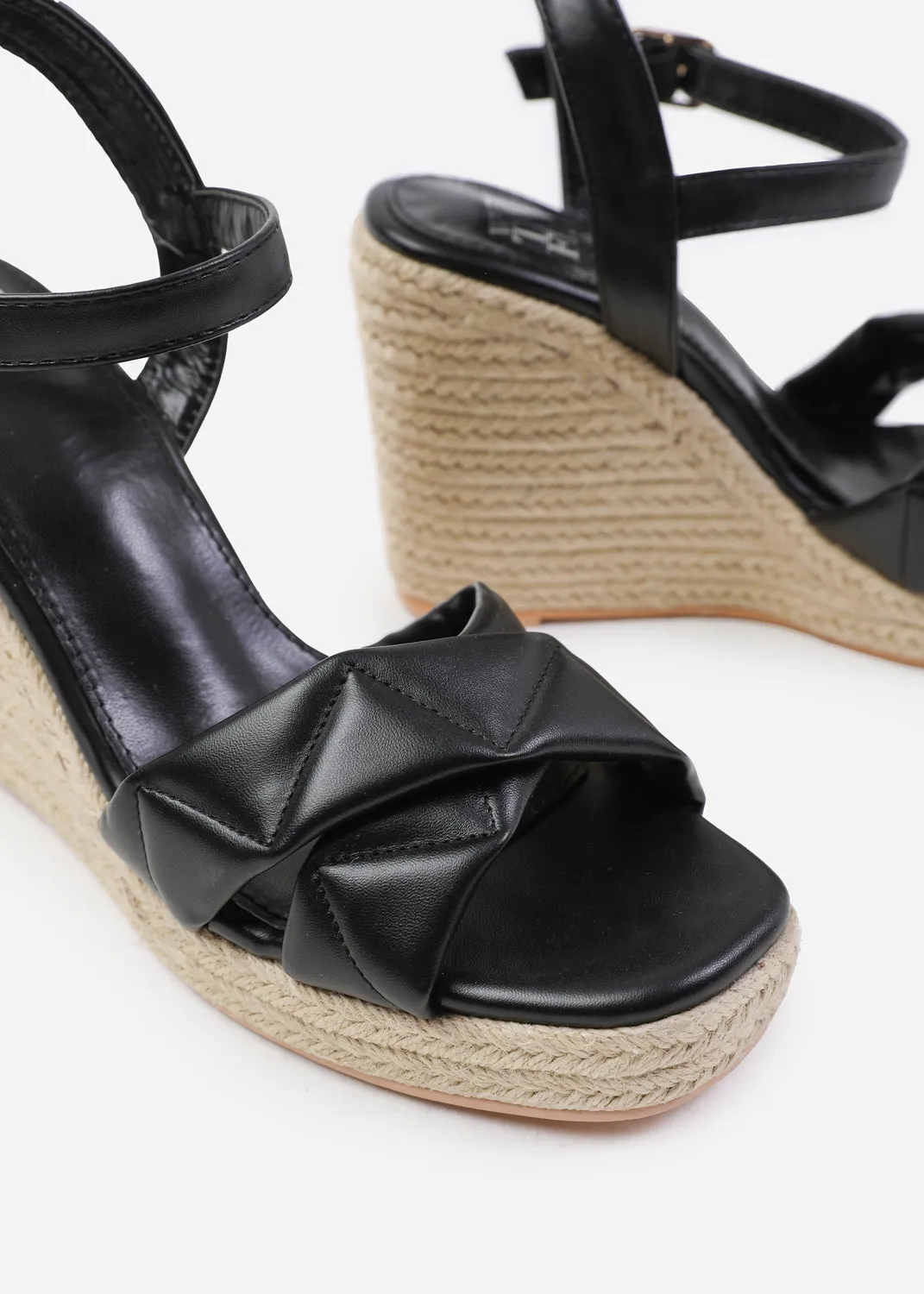 LIMA PADDED CROSS OVER STRAP ESPADRILLE WEDGES IN BLACK FAUX LEATHER