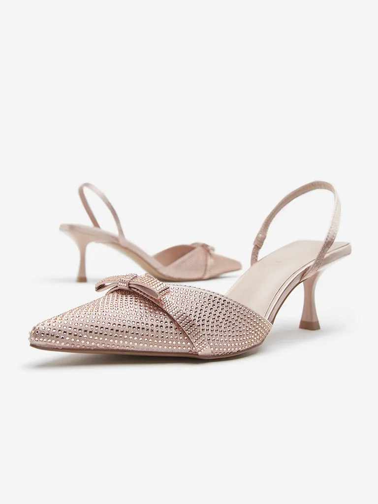 LUNA BLU Rose Gold Bow Detailed Slingback Sandals