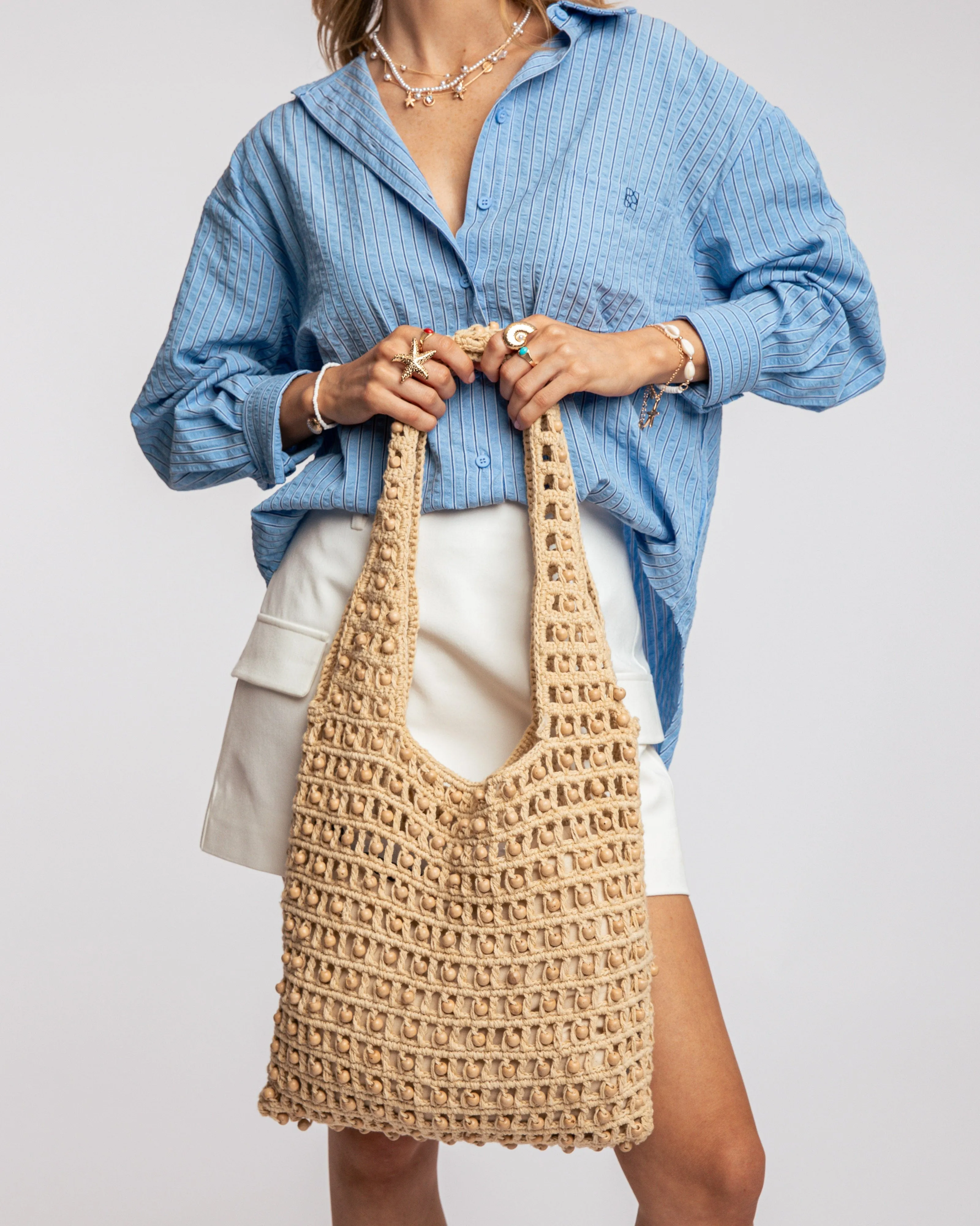 Natural Anisa Straw Beaded Tote Bag