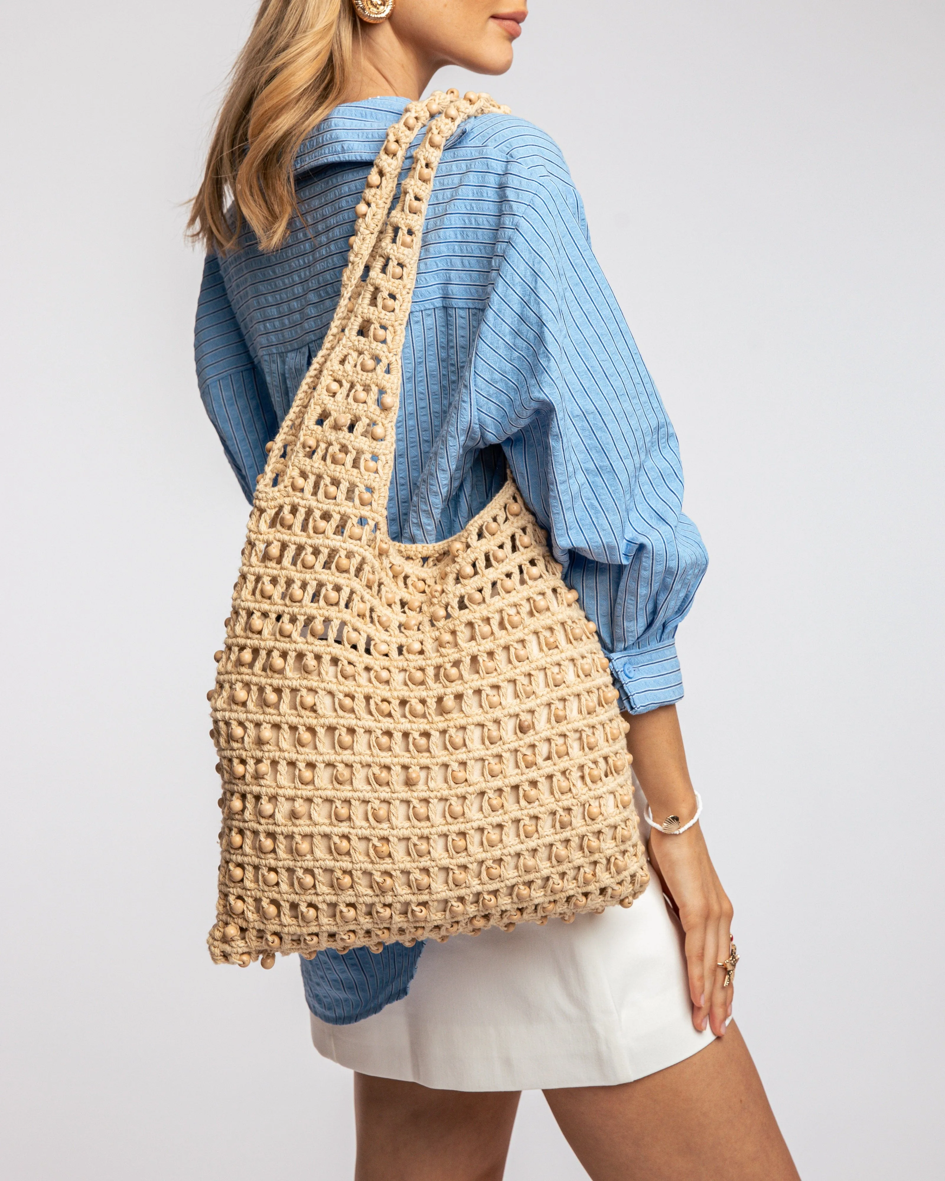 Natural Anisa Straw Beaded Tote Bag