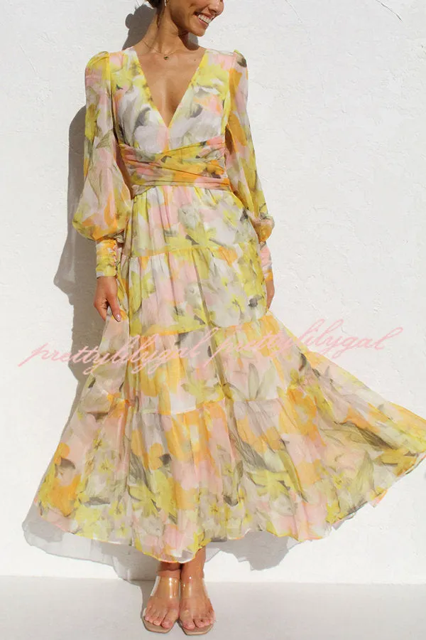 Olena Abstract Floral Balloon Sleeves Maxi Dress