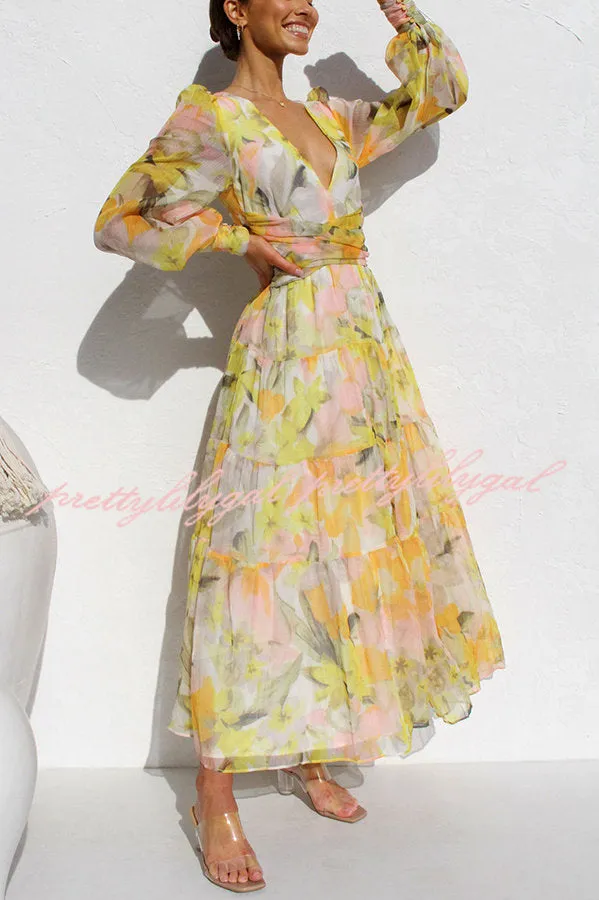 Olena Abstract Floral Balloon Sleeves Maxi Dress