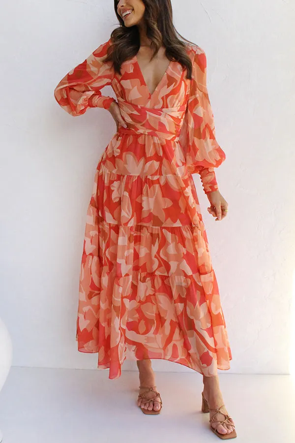 Olena Abstract Floral Balloon Sleeves Maxi Dress