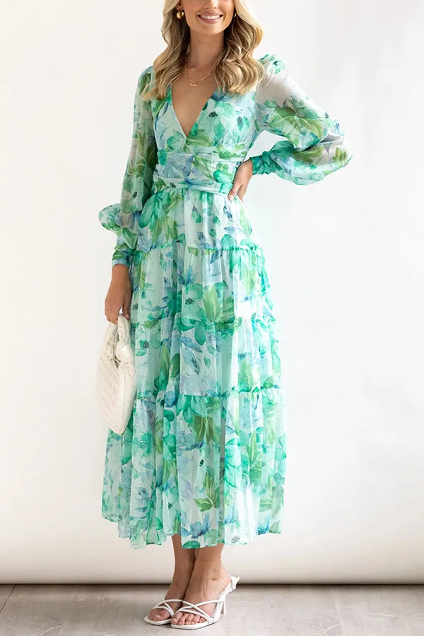 Olena Abstract Floral Balloon Sleeves Maxi Dress