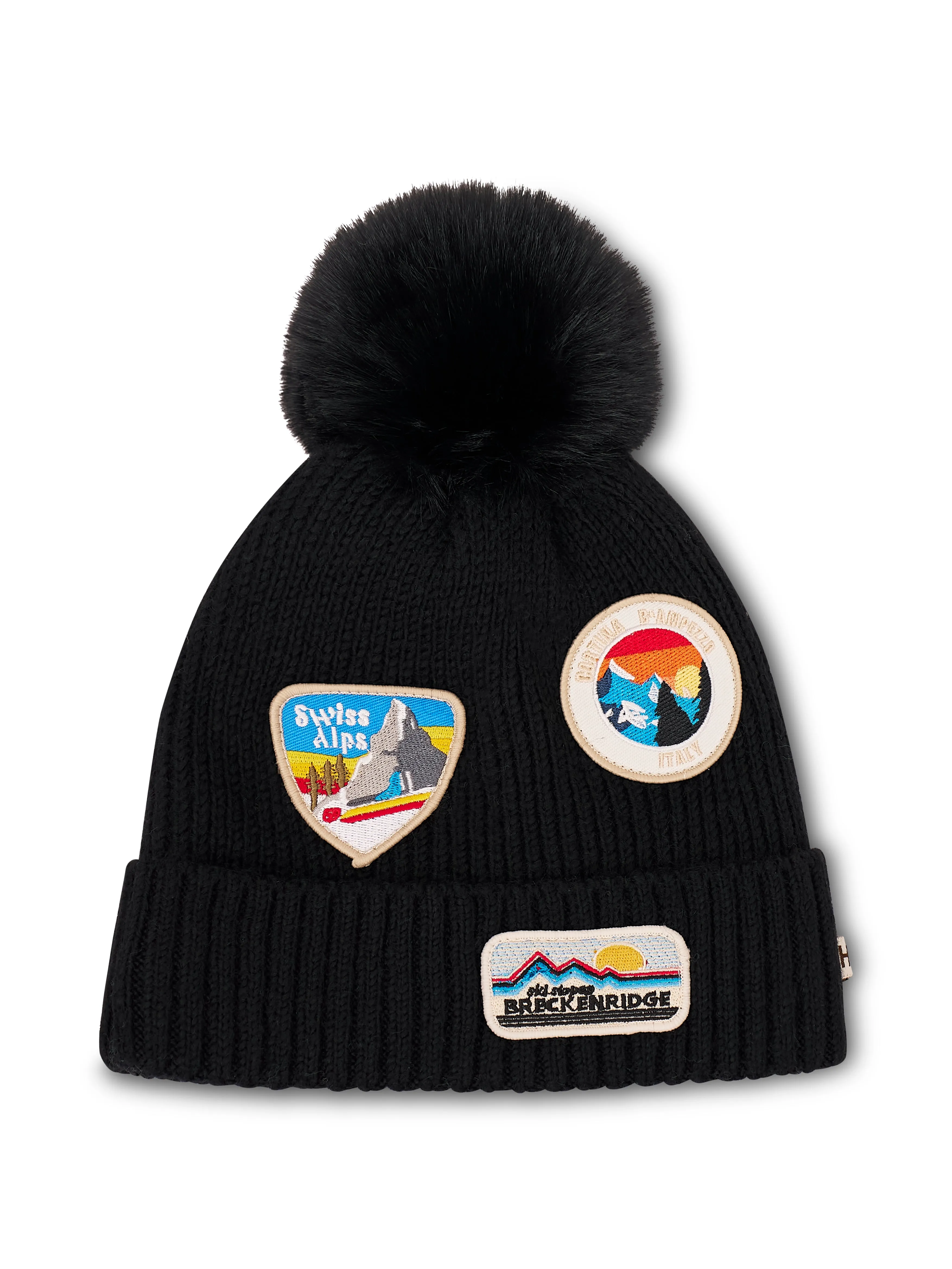 RIBBED POMPOM BEANIE WITH SWISS ALP PATCH - BLACK