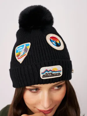 RIBBED POMPOM BEANIE WITH SWISS ALP PATCH - BLACK