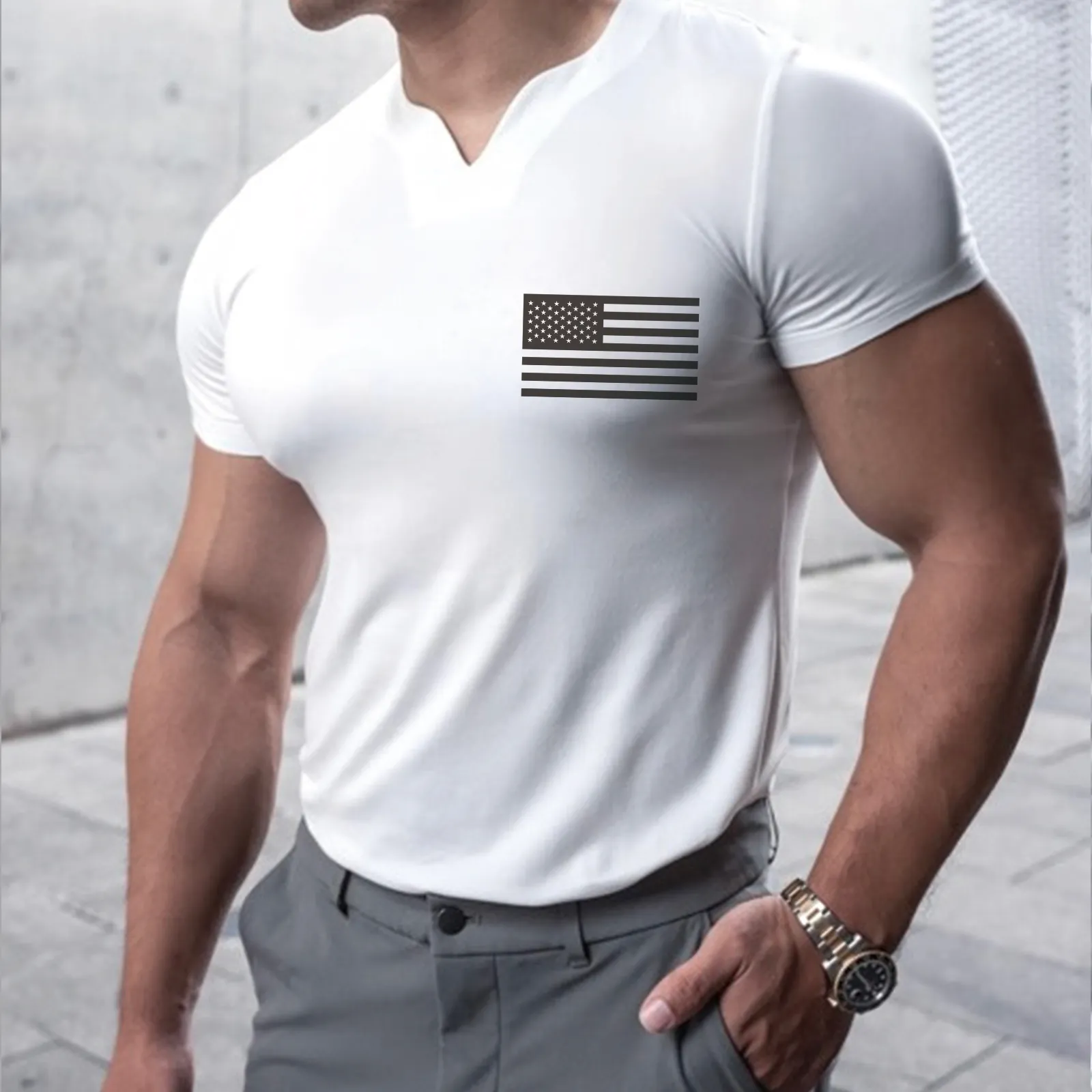 SPORTS USA FLAG HENLEY V-NECK GRAPHIC ACTIVE TEE