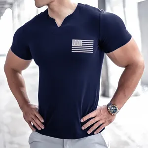 SPORTS USA FLAG HENLEY V-NECK GRAPHIC ACTIVE TEE