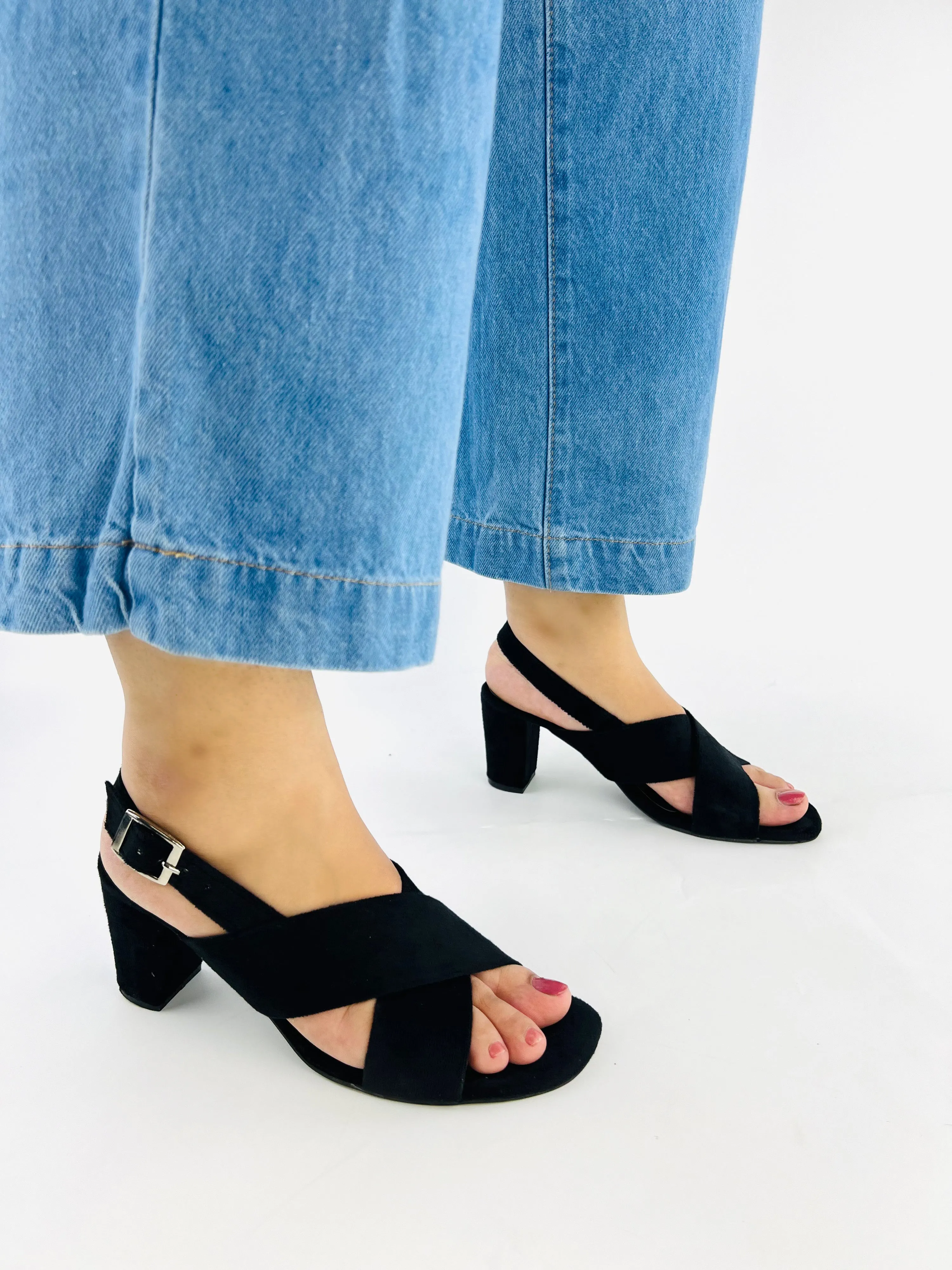 Spunkz Black Comfort Cross Over Block Heeled Sandals