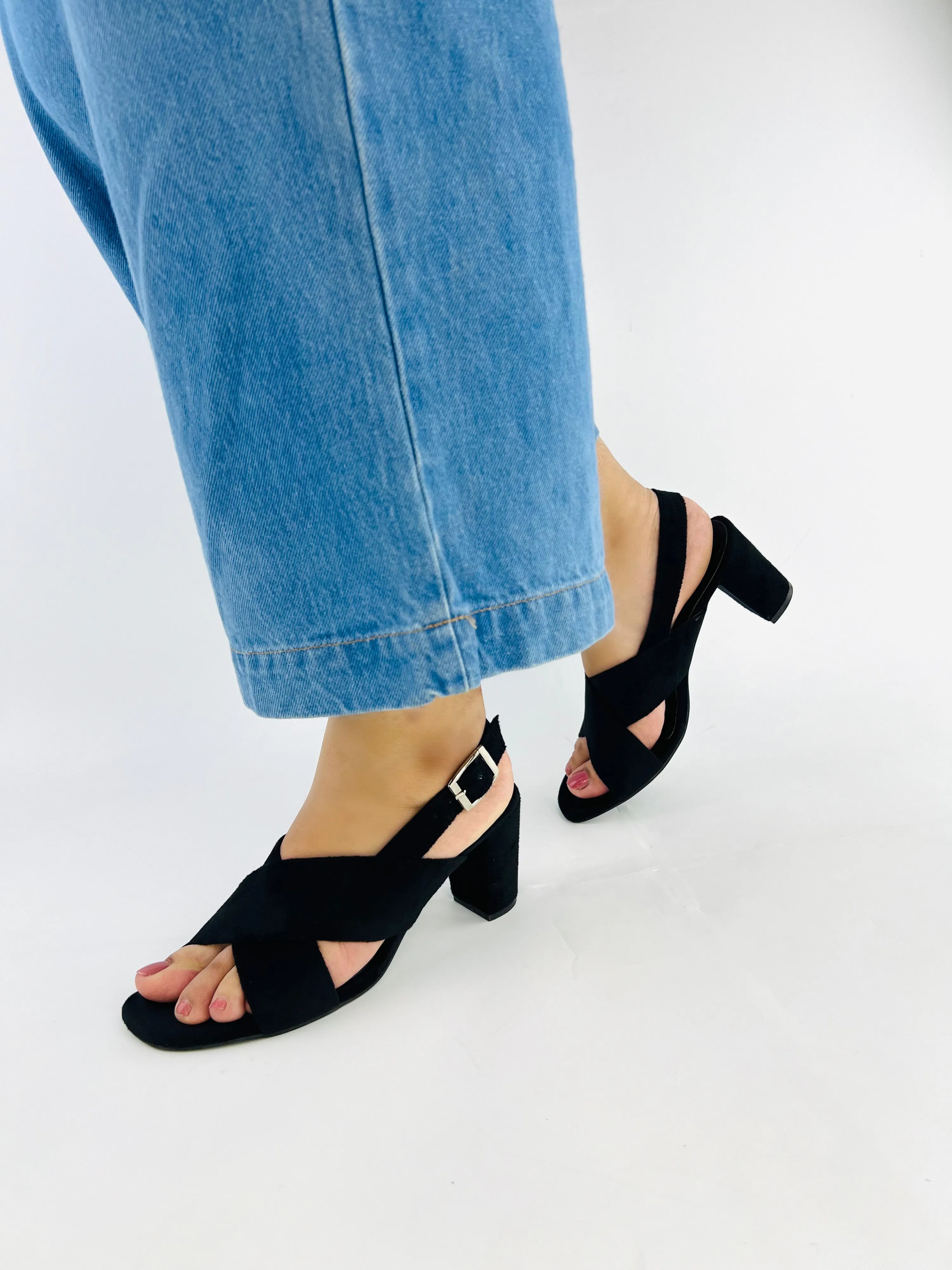 Spunkz Black Comfort Cross Over Block Heeled Sandals