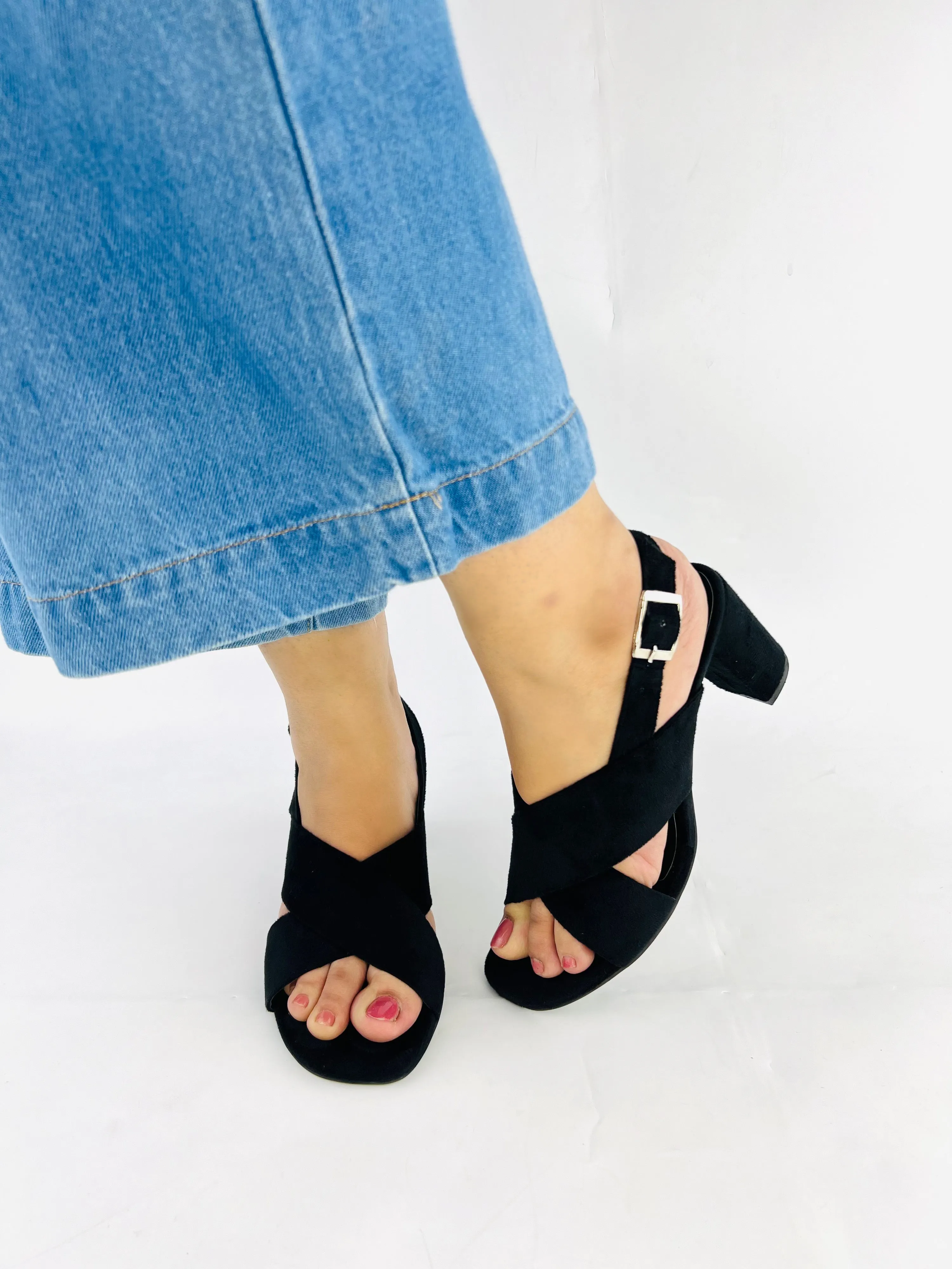 Spunkz Black Comfort Cross Over Block Heeled Sandals