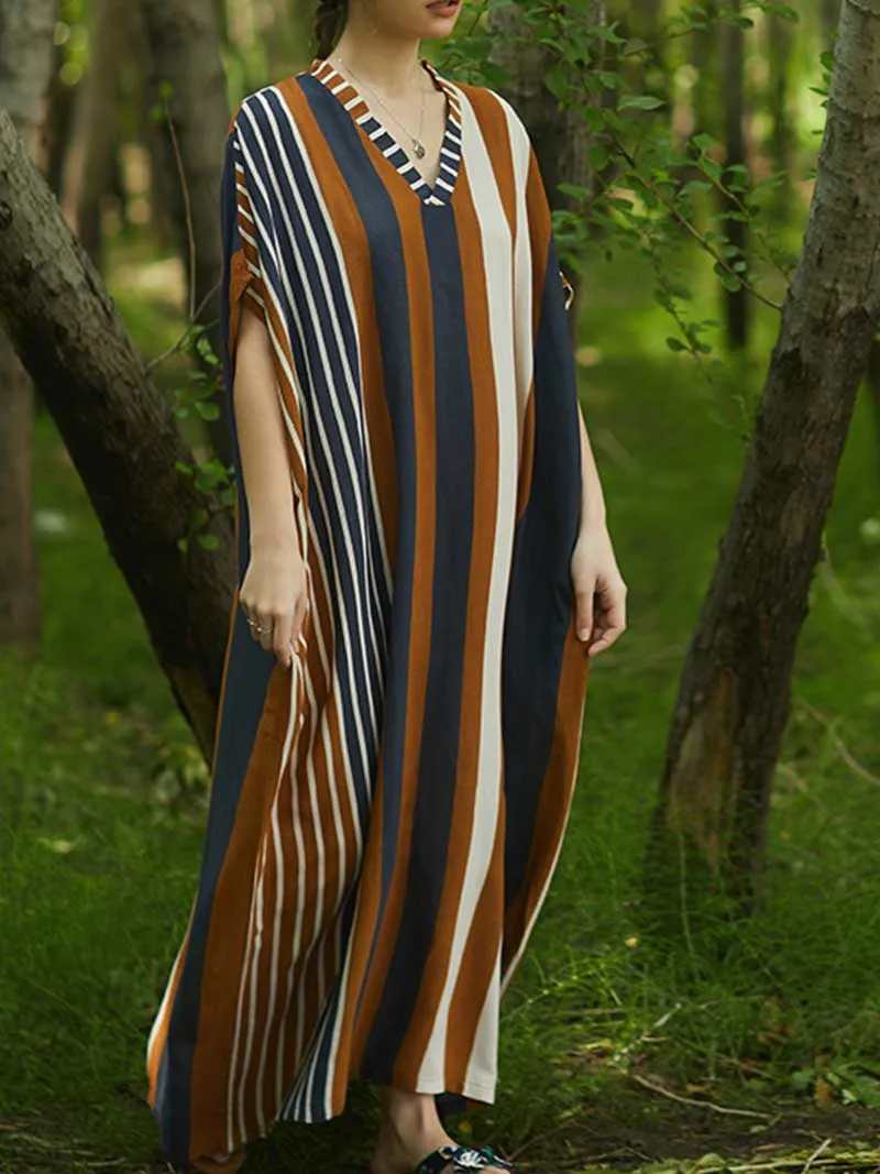 Stripes Print Multicolor Half Sleeves Kaftan Dress