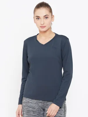 Women Navy Blue Active Wear V-Neck T-shirt