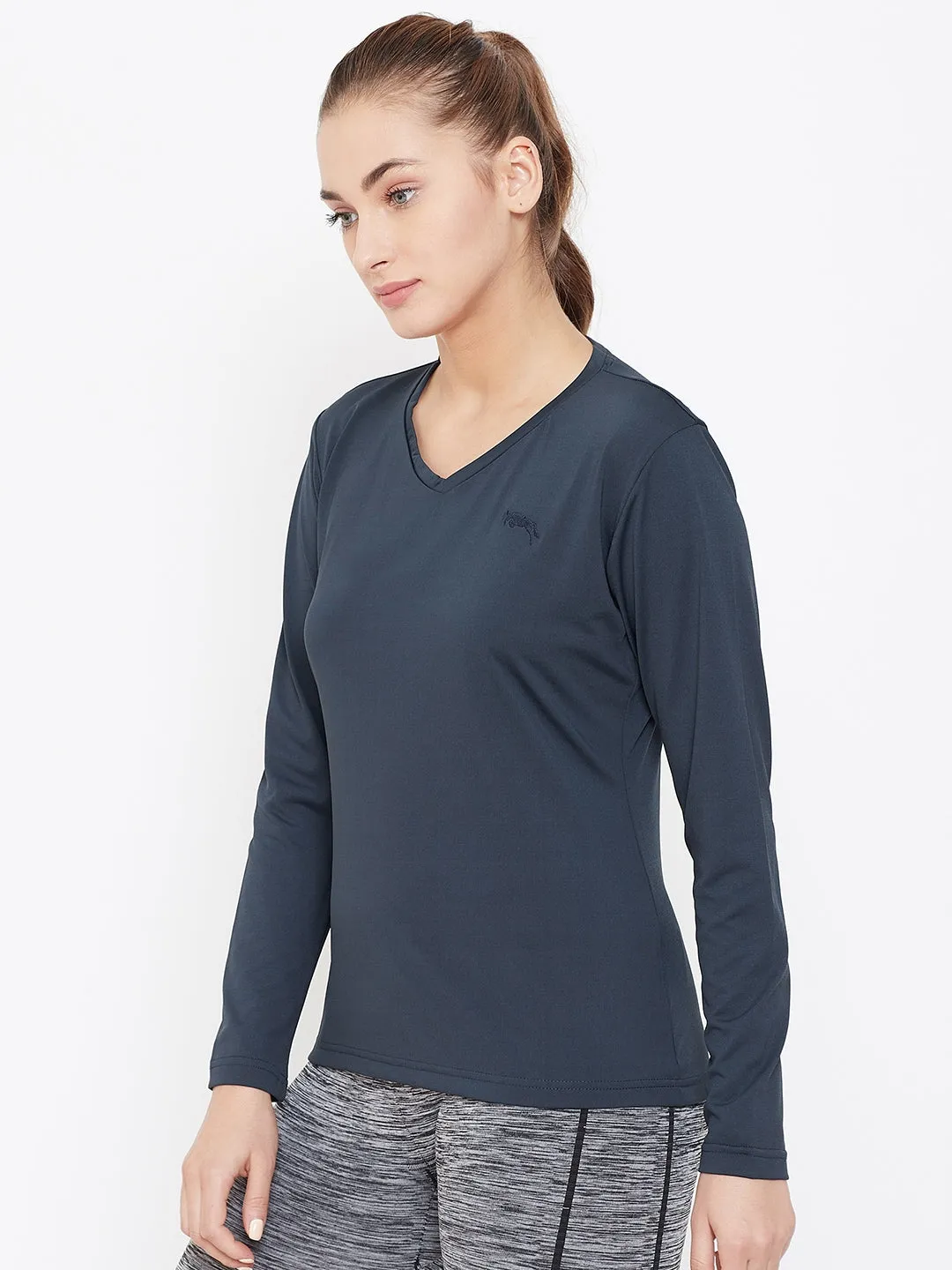 Women Navy Blue Active Wear V-Neck T-shirt