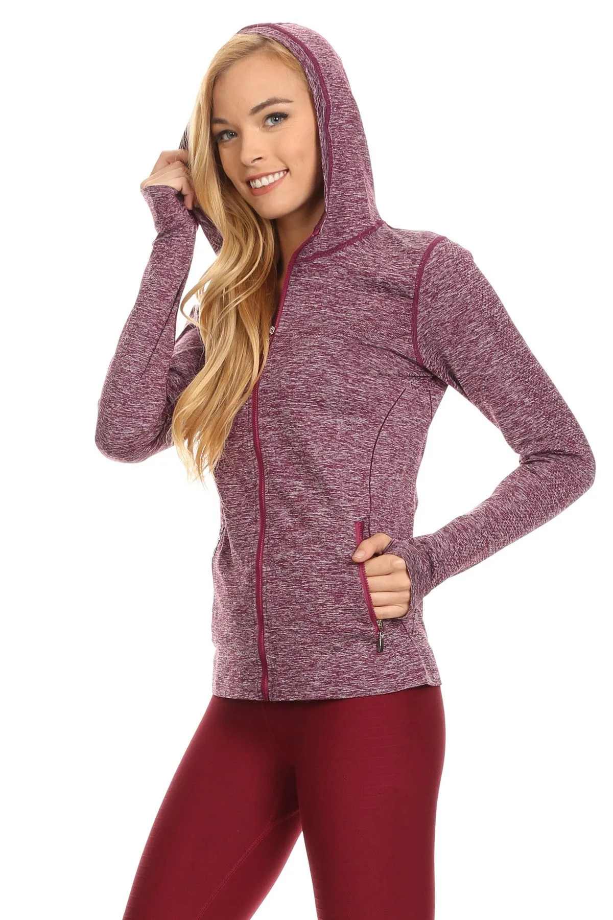 Women's Seamless Full Zipper Jacket with Hoodie and Thumb Holes